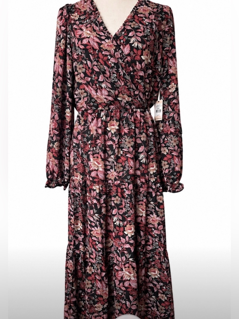 Black Tape Whimsical Floral Chiffon Faux Wrap Tiered Midi Dress Long Sleeve S